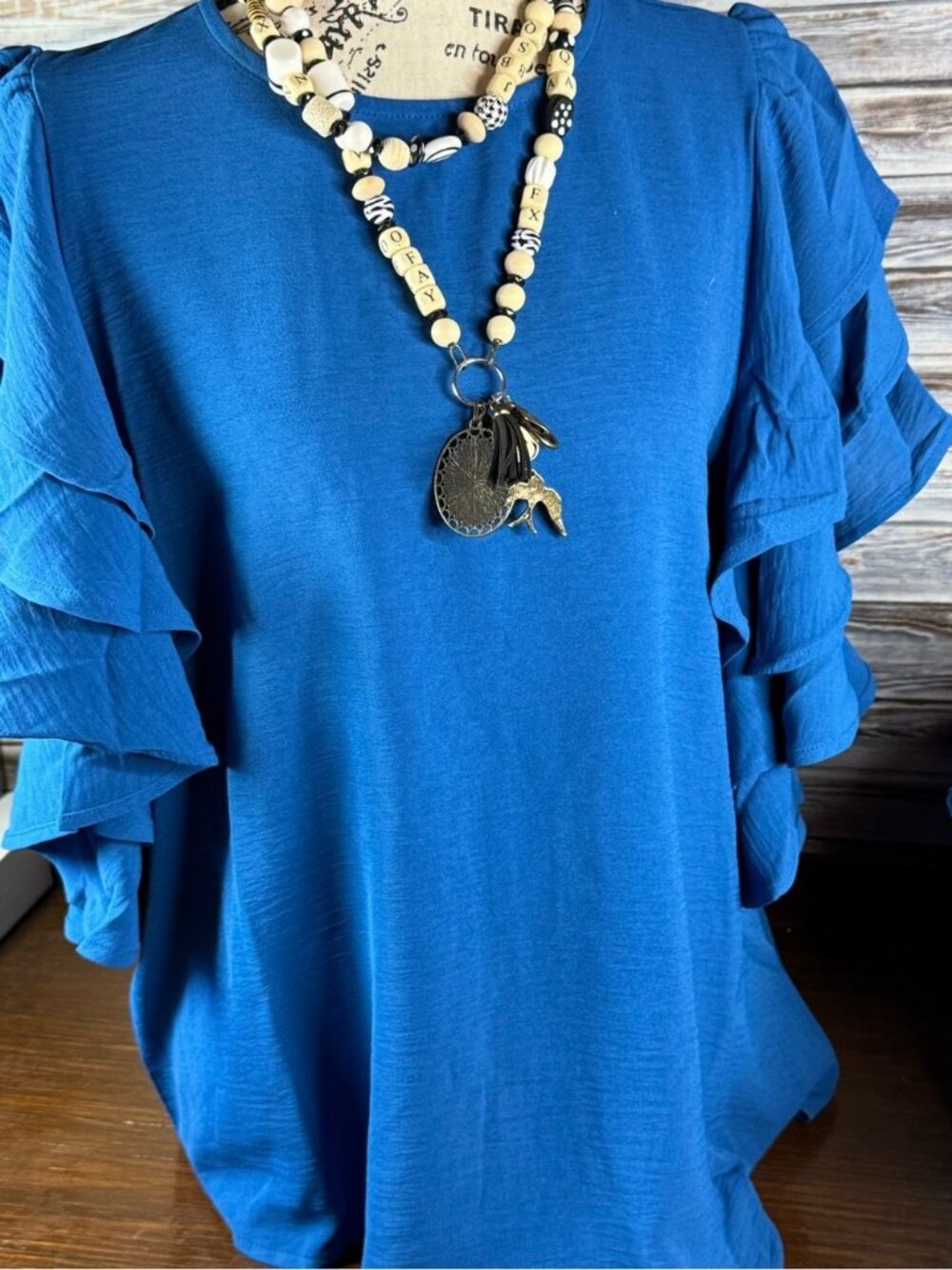 ⭐ Blue Ruffle Sleeve Blouse Flowy Lightweight Casual Chic Top - Medium (M) - Picture 3 of 11